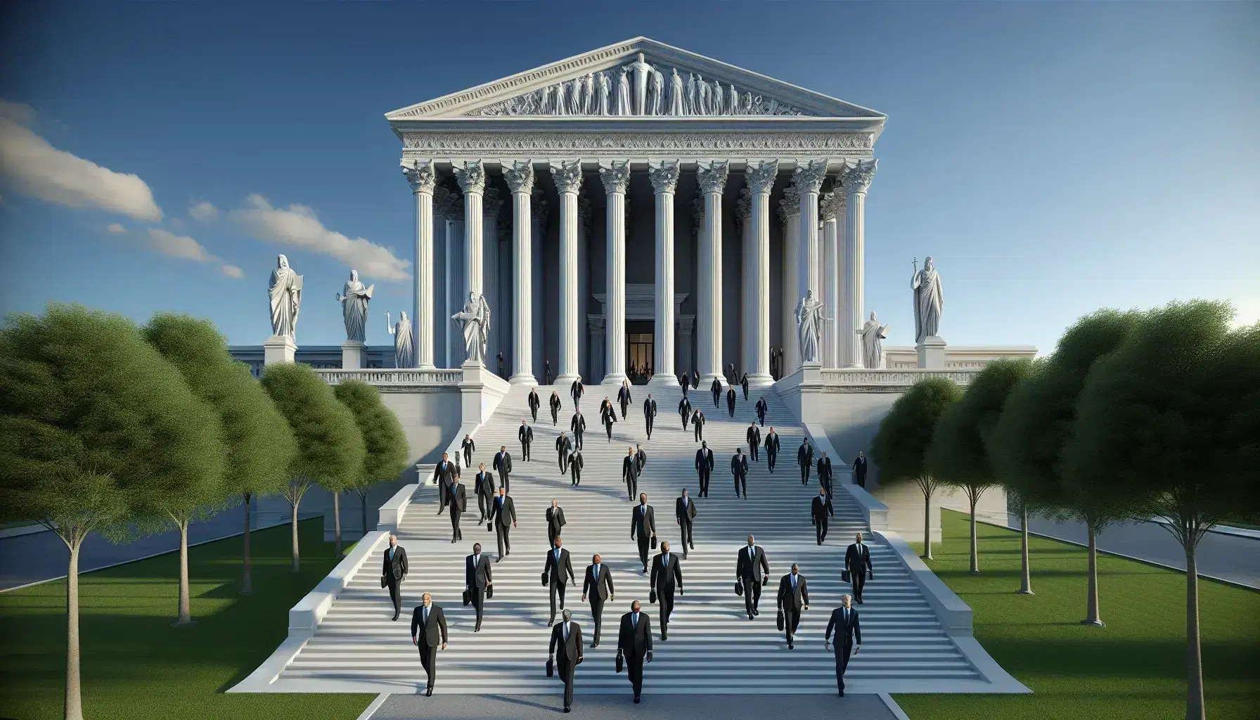 Grand neoclassical building with towering columns and sculpted pediment, under a clear blue sky, with diverse individuals in formal wear ascending steps.