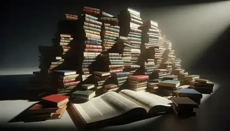 Pila disordinata di libri colorati con un grande dizionario aperto in primo piano su sfondo sfocato.