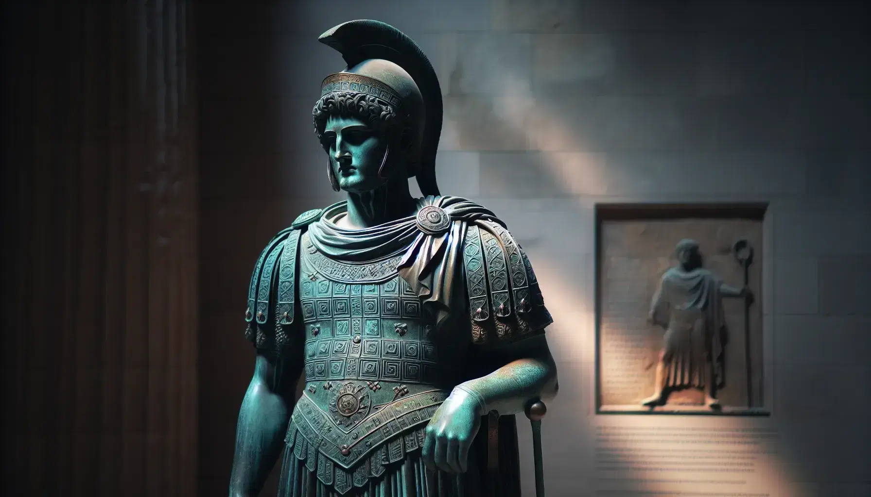 Statua in bronzo di uomo in armatura macedone con elmo antico e scettro, espressione seria, su piedistallo di pietra, patina verde-azzurra.
