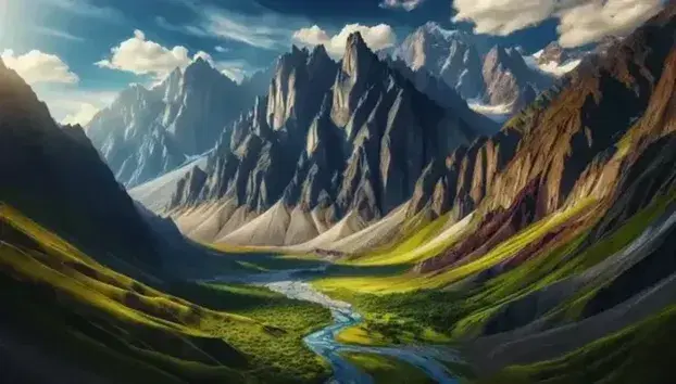 Natural landscape with snow-capped jagged mountains, green valley and meandering river, blue sky with thin clouds, without human presence.