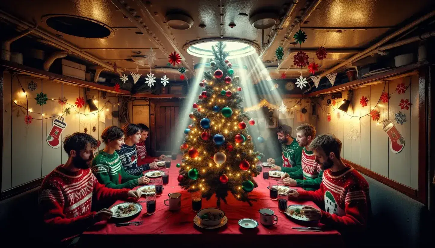 Interno cabina nave addobbata per Natale con albero illuminato, membri equipaggio in maglioni festivi e decorazioni fatte a mano.