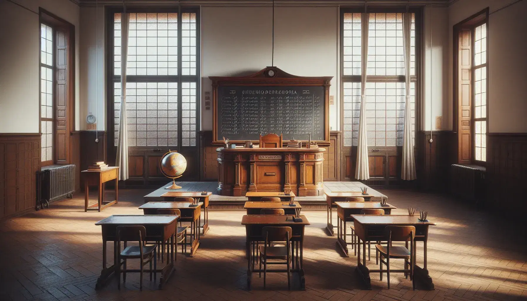 Aula scolastica italiana vintage anni '20/'30 con banchi in legno, cattedra, lavagna pulita, globo terrestre e libreria con volumi rilegati.