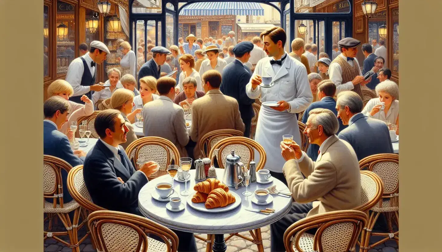 Bustling French café scene with patrons chatting, a waiter in conversation, a coffee and croissant on a bistro table, and warm interior lighting.