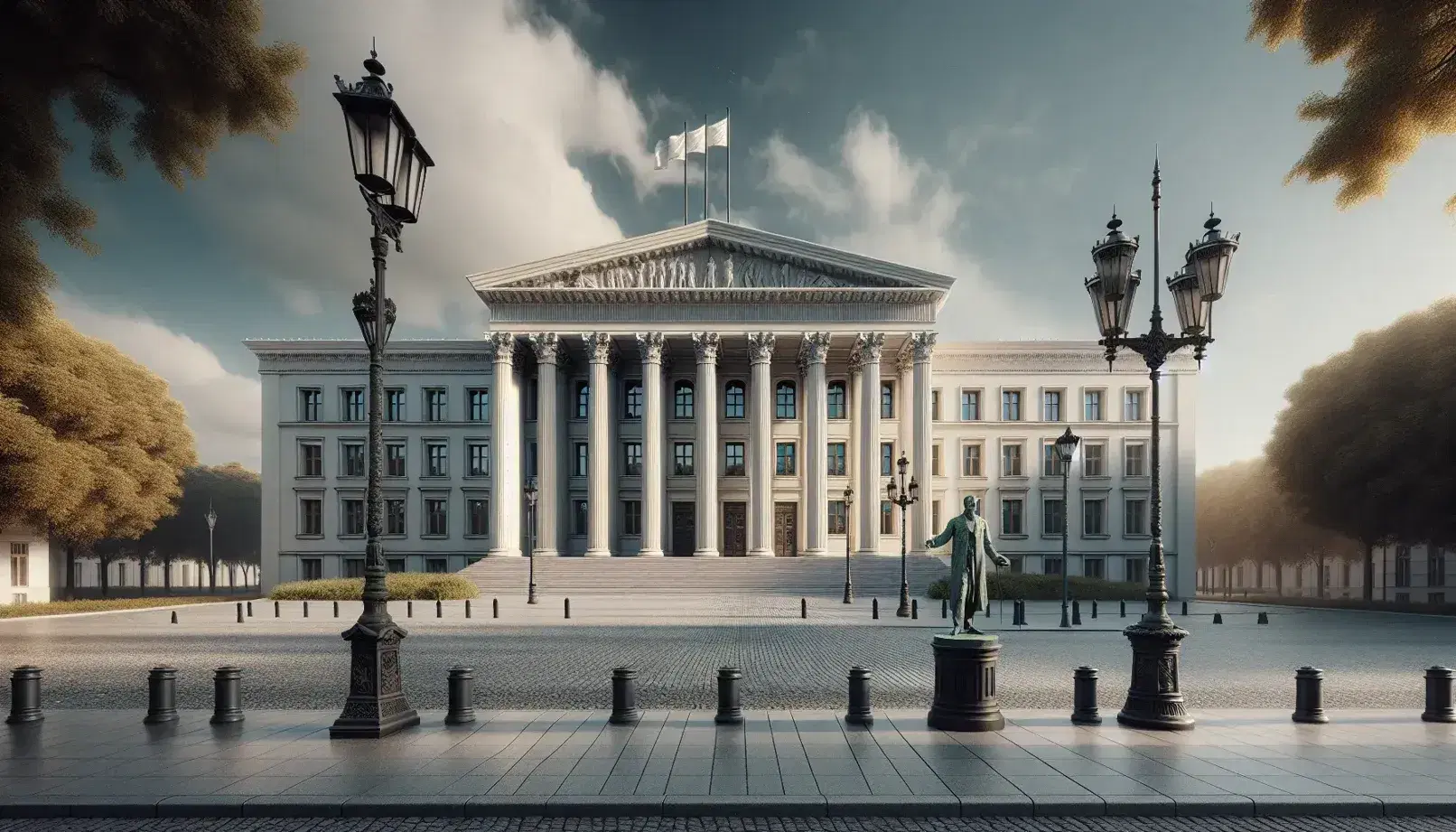 Edificio neoclásico con columnas corintias y frontón triangular, plaza adoquinada con banderas y farolas, estatua de bronce y árboles verdes.