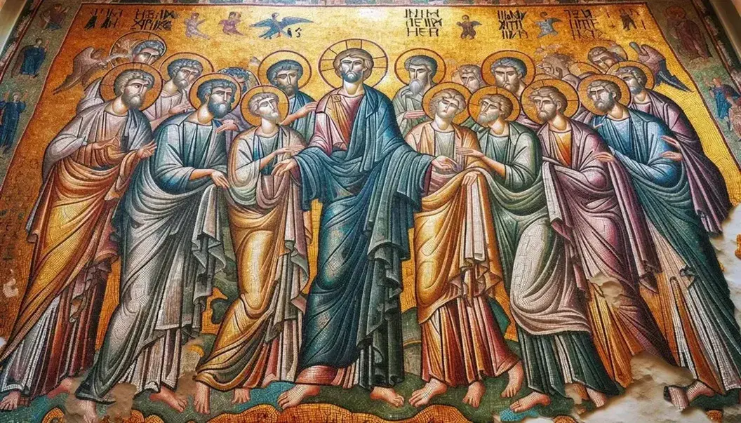 Mosaico bizantino ben conservato con figure umane in movimento, dettagli espressivi e sfondo dorato luminoso, in tonalità di oro, blu, verde e rosso.