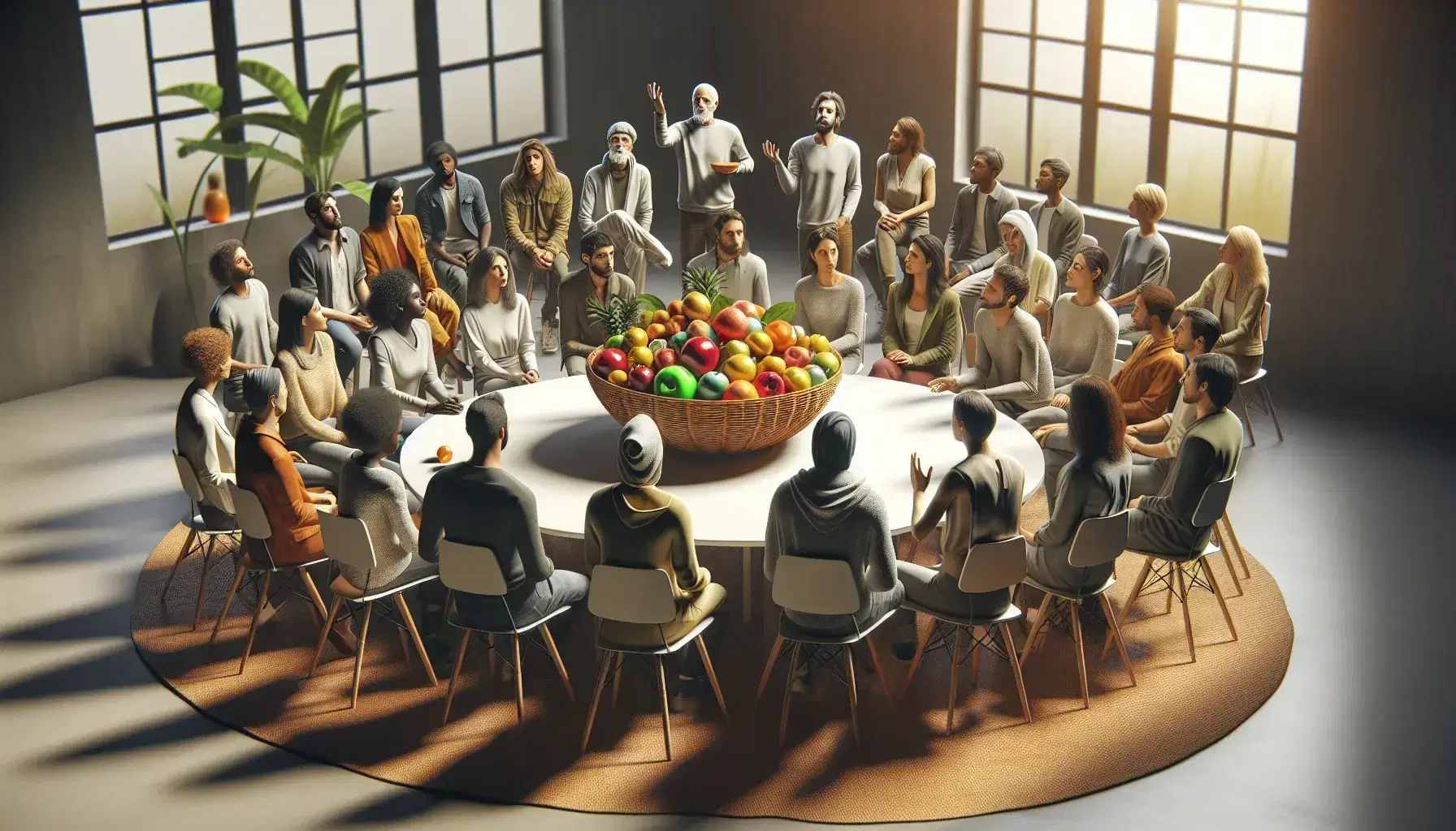 Grupo diverso conversando alrededor de una mesa redonda con una cesta de frutas variadas en el centro, en un ambiente iluminado naturalmente.