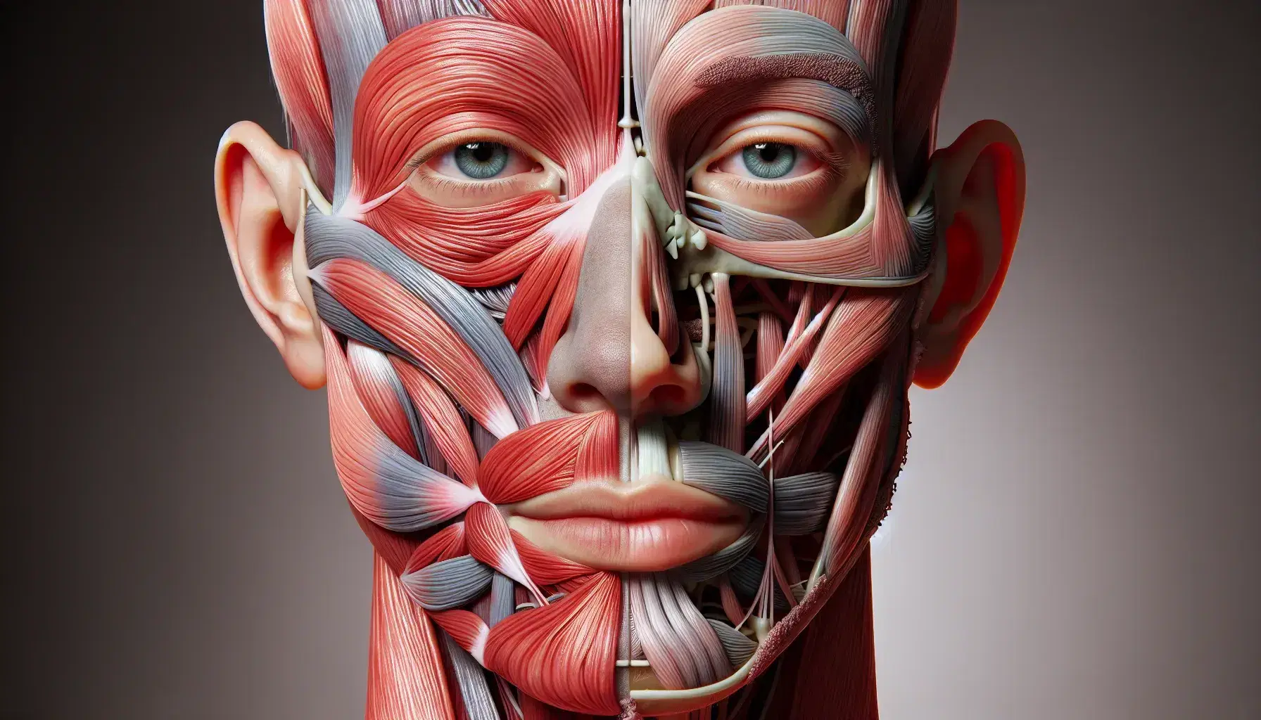 Vista anatómica detallada de la mitad izquierda del rostro humano con músculos faciales visibles en tonos rojos y rosas, destacando el músculo cigomático mayor y el orbicular de los labios.