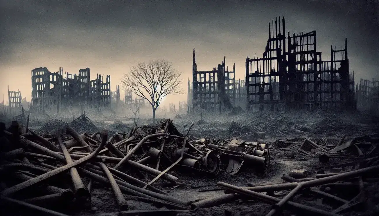 Barren cityscape with twisted metal debris, blackened building frames, a solitary leafless tree, and an overcast sky filled with smoke and ash.