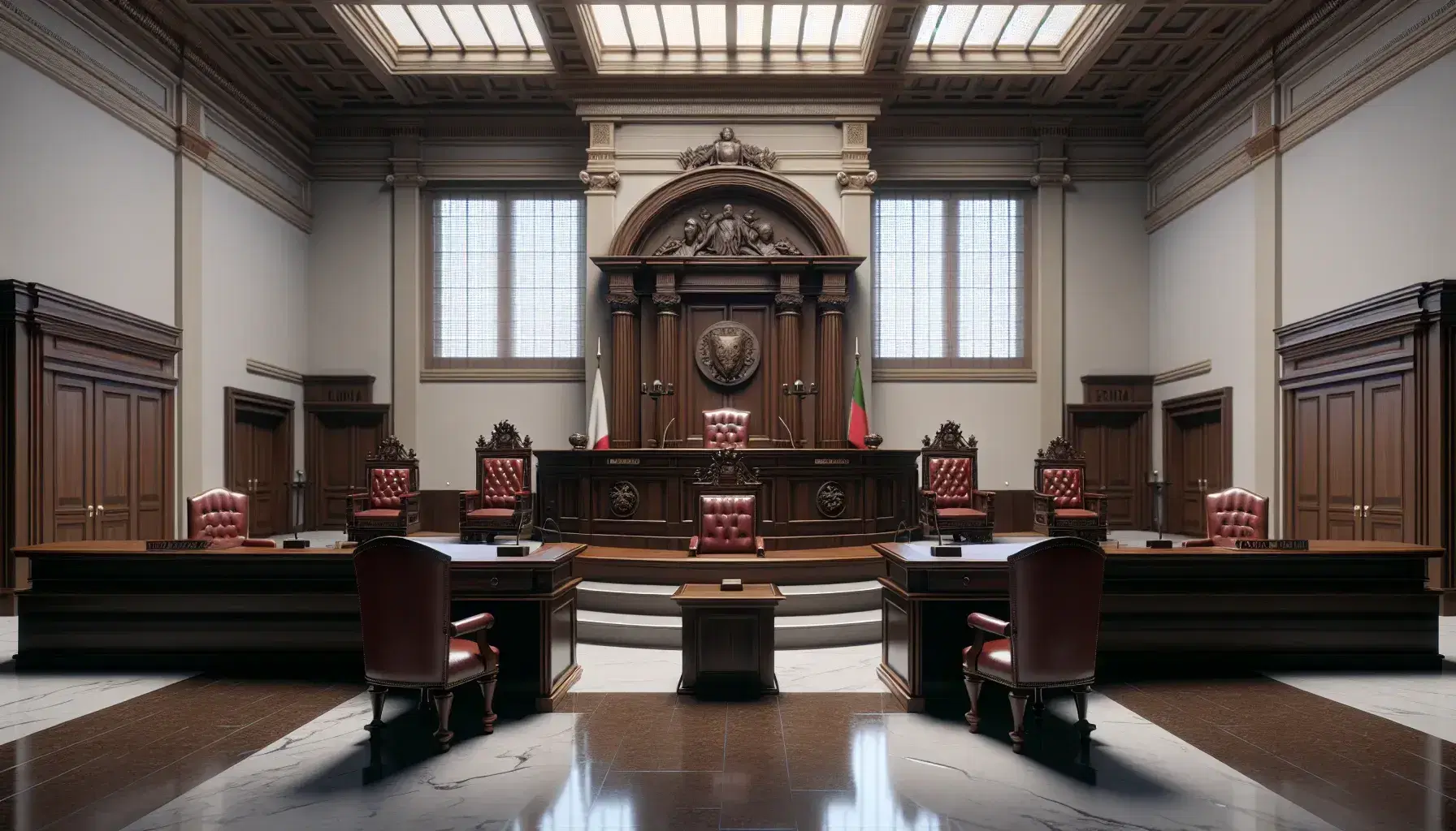 Aula di tribunale italiana vuota con scrivania in legno scuro per i giudici, sedie in pelle rossa, banchi per imputati e podio per testimoni.
