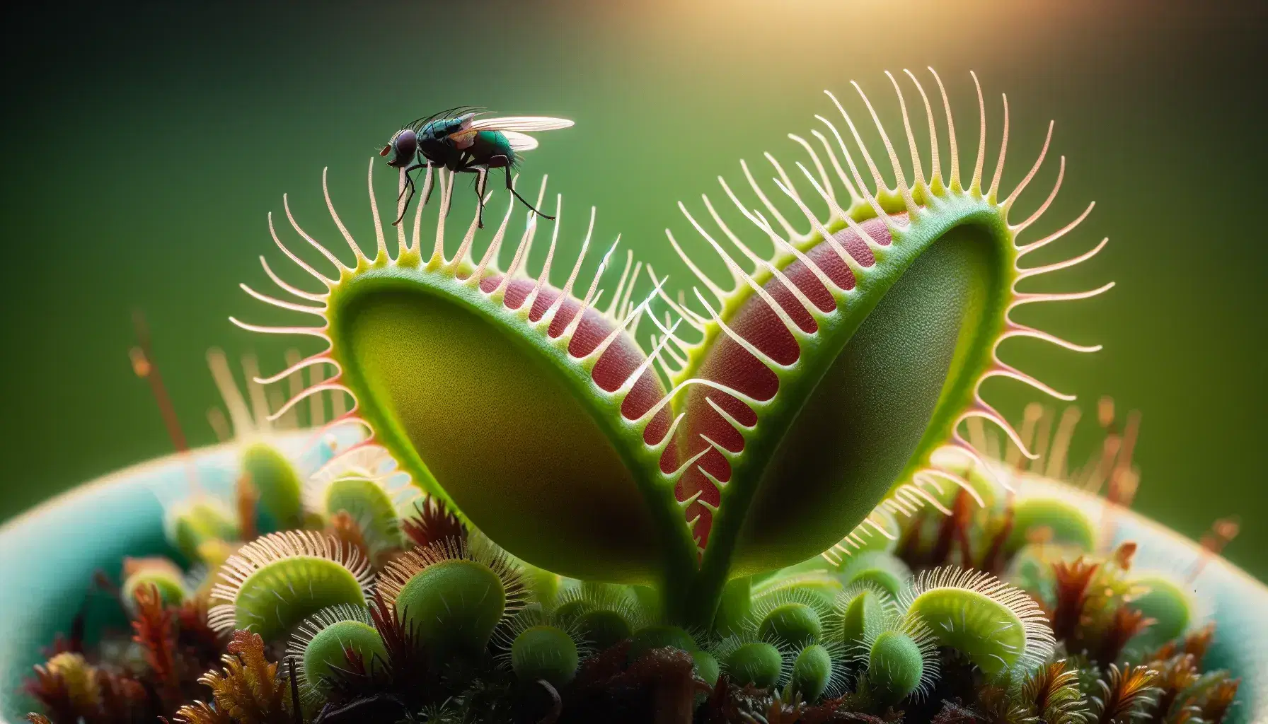 Venus flytrap plant with open lobes displaying trigger hairs, edges tinged red, and a nearby fly with iridescent wings in a natural setting.