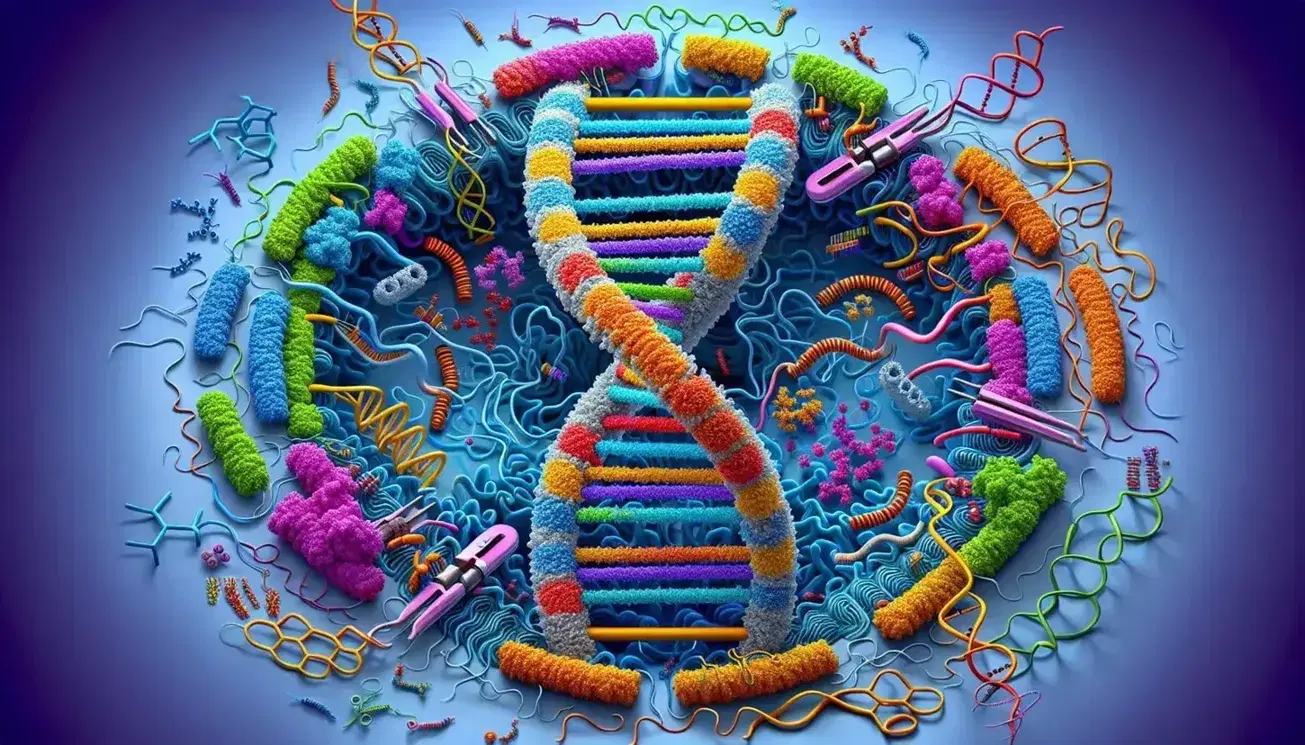 Vista microscópica de la replicación del ADN con la doble hélice desenrollándose y enzimas replicando nuevas cadenas.