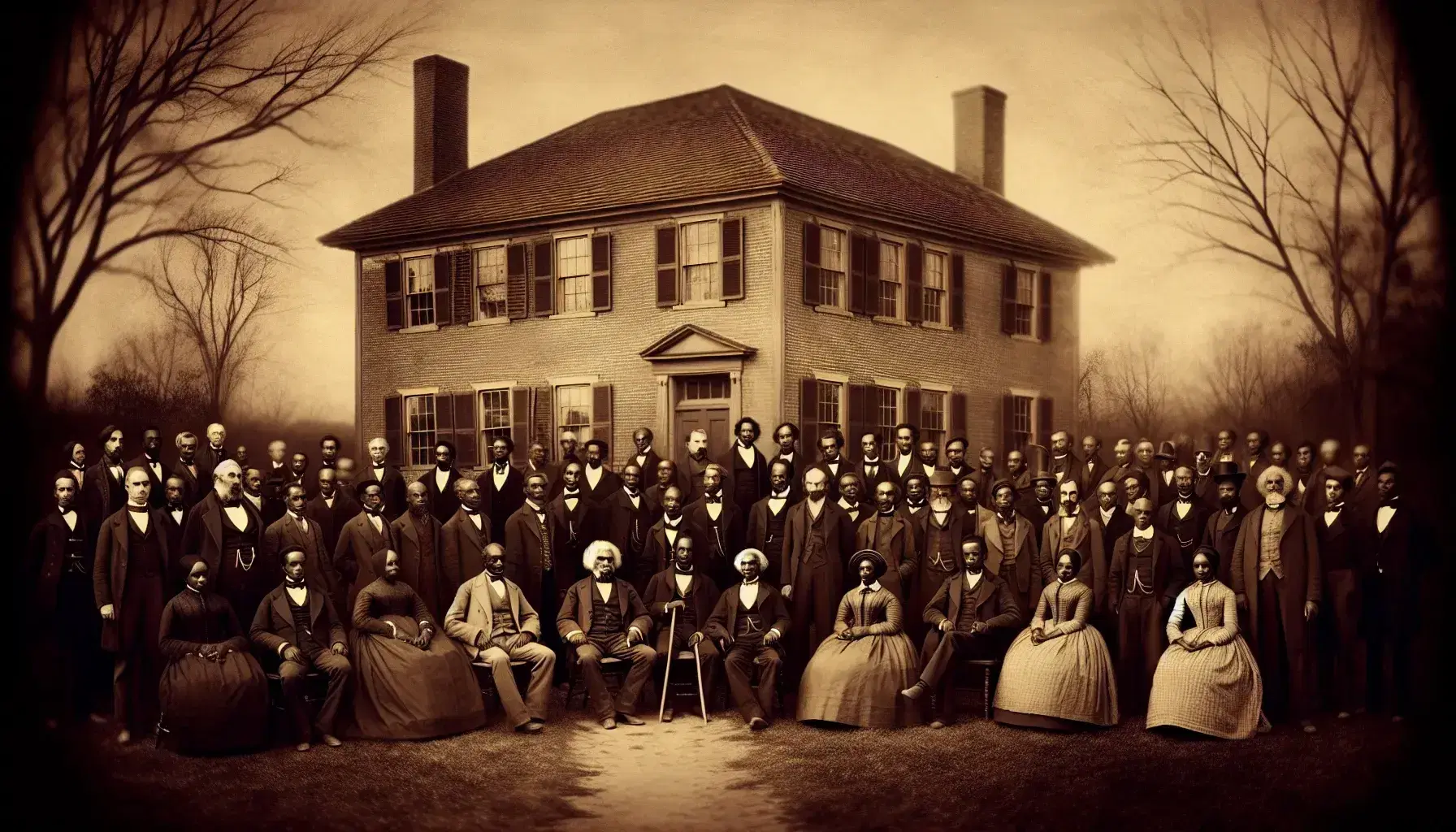 Sepia-toned historical photo of a diverse group in 19th-century attire, including a distinguished African American man, outside a brick building.