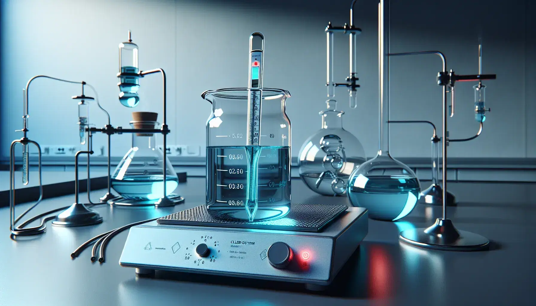 Laboratory with glass beaker on heated hotplate containing blue liquid and immersed thermometer, closed system with glassware in background.