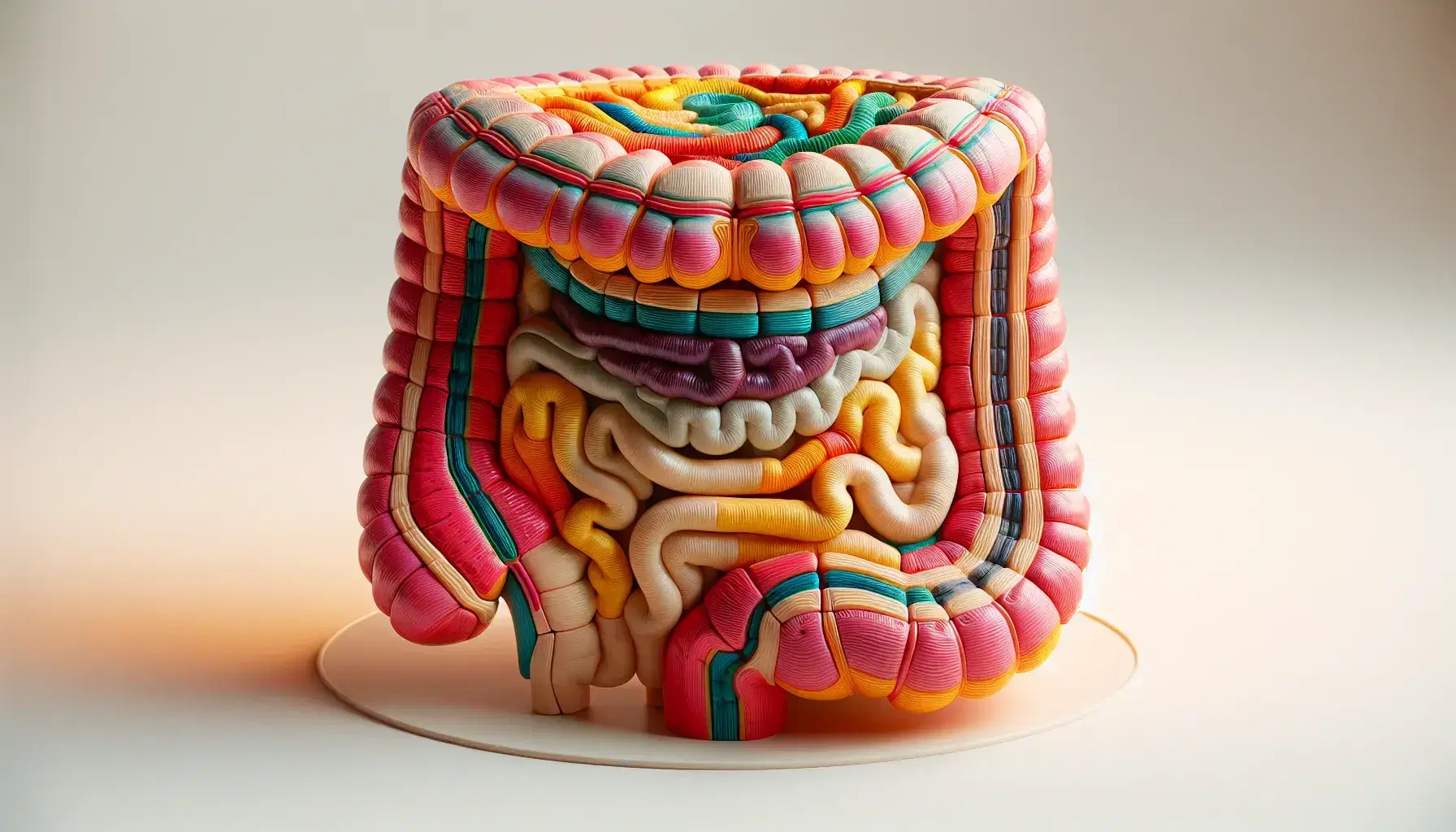 Modello anatomico tridimensionale colorato della sezione trasversale dell'intestino umano con strati distinti della parete intestinale.