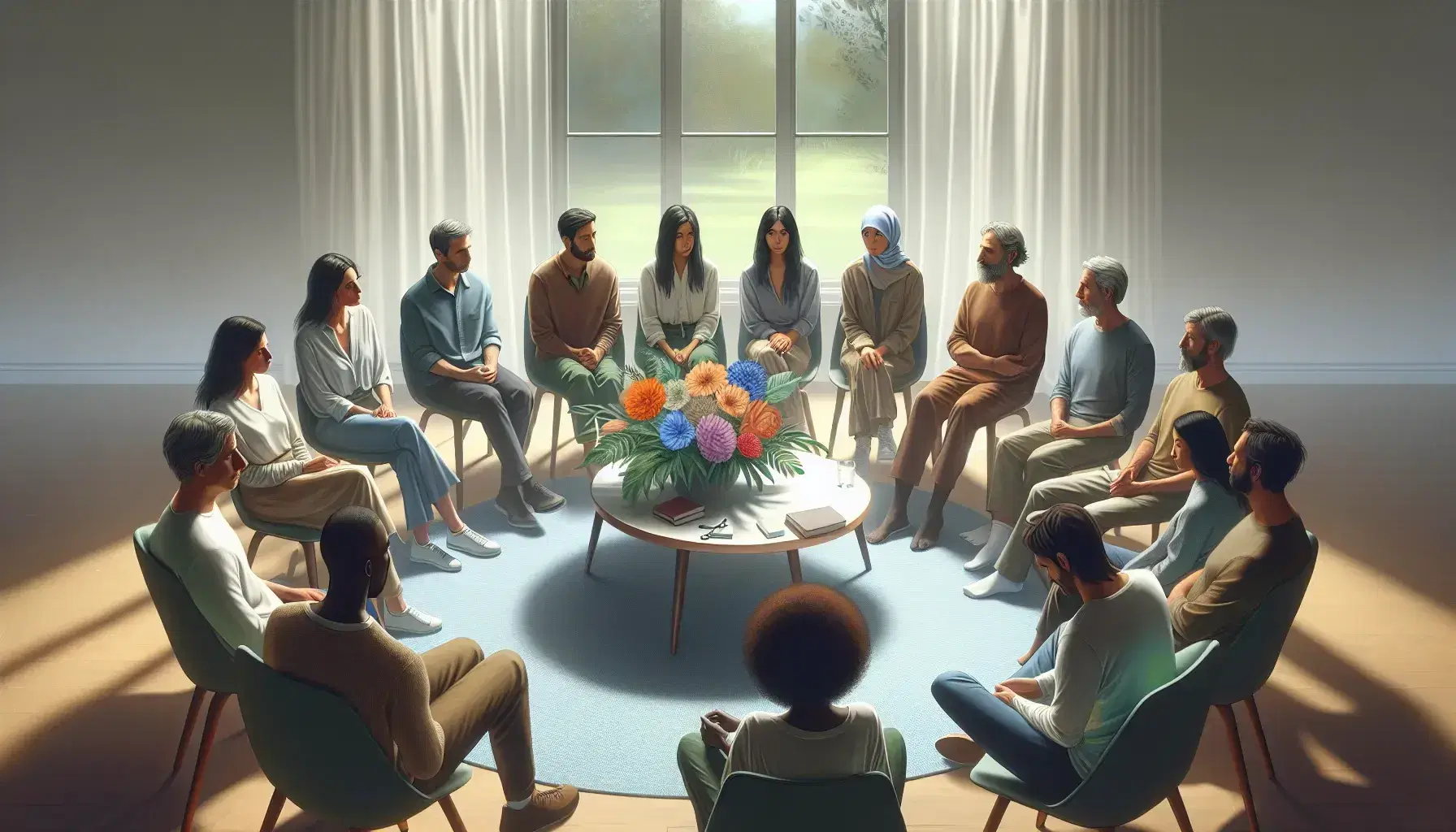 Multi-ethnic therapeutic group sitting in a circle, with attentive men and women, in a quiet room with a round table and colorful bouquet.