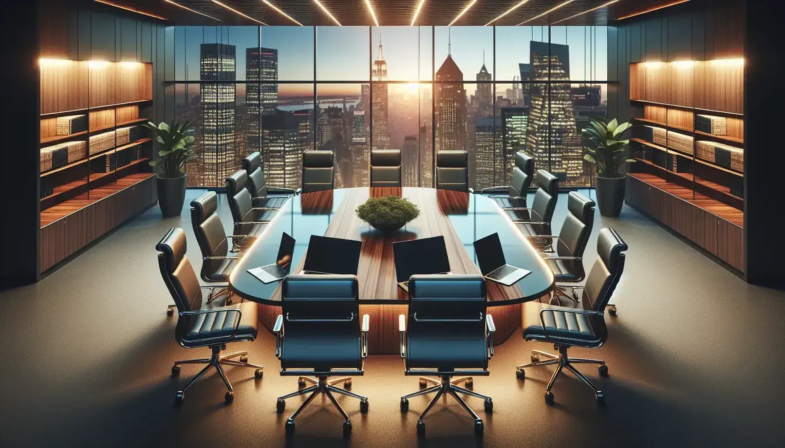 Modern boardroom with oval wooden table, high-back leather chairs, sleek laptops, and panoramic window overlooking a cityscape at dusk.