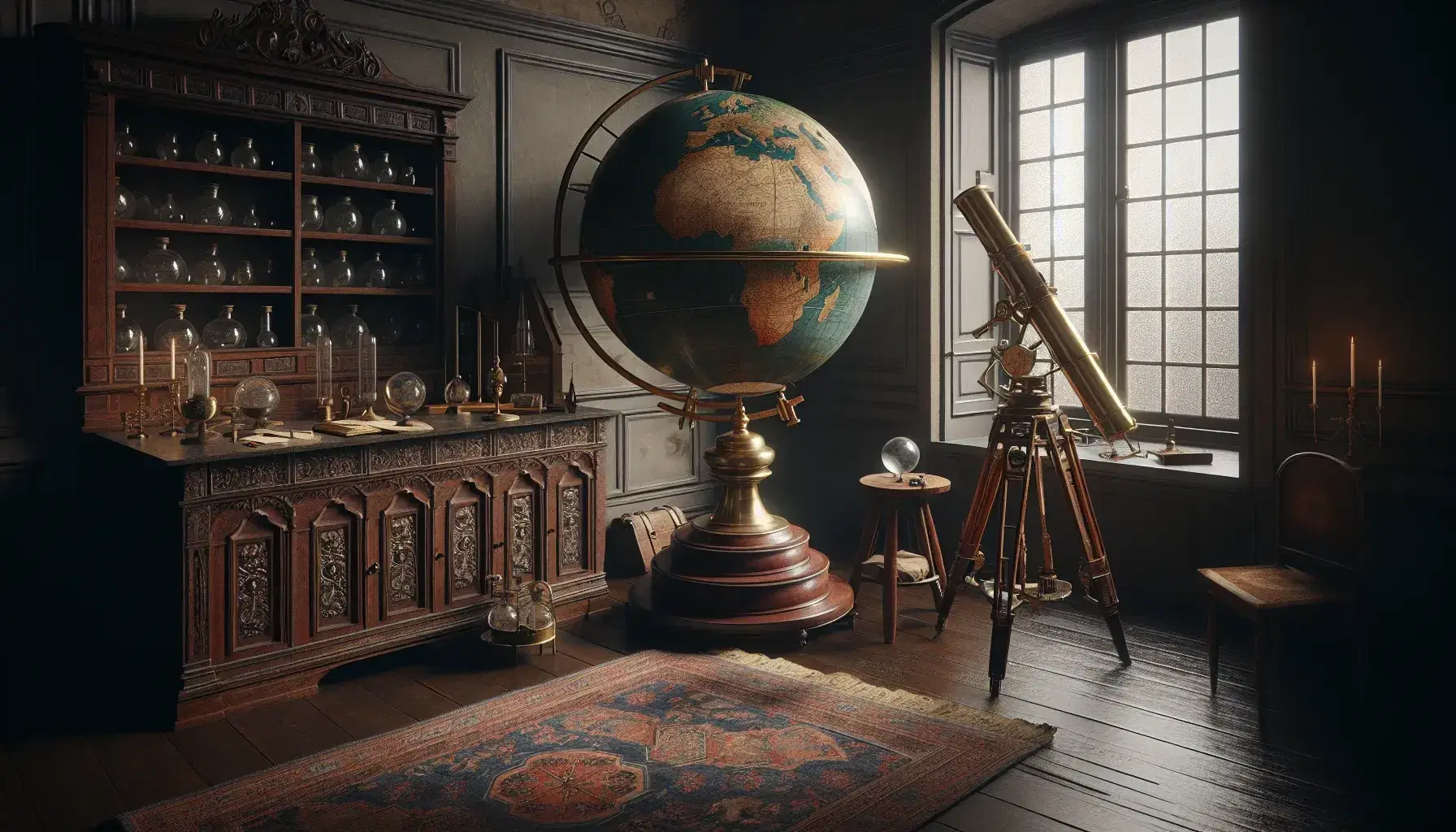 Globo terrestre antico su supporto intagliato con telescopio in ottone accanto e tappeto persiano in una stanza d'epoca illuminata naturalmente.