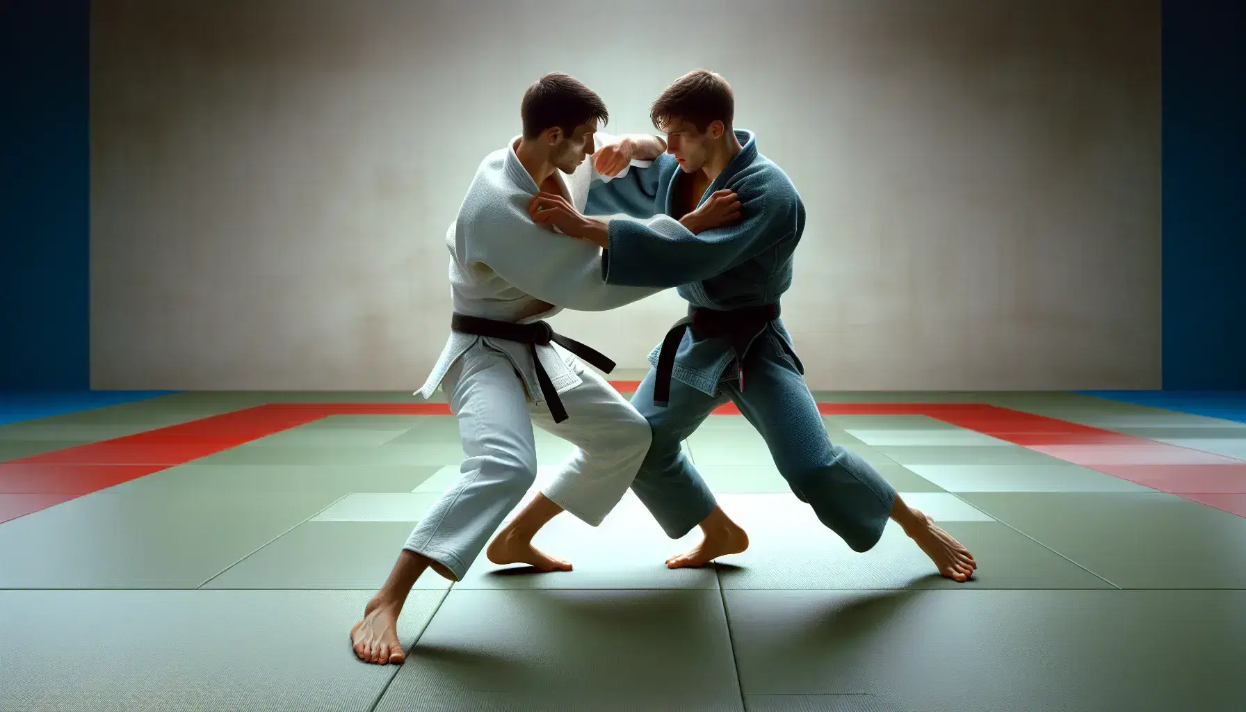 Dos judokas compitiendo en tatami verde con bordes rojos, uno con judogi blanco y otro con judogi azul, ambos con cinturón negro.
