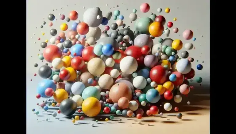 Sfere fluttuanti di varie dimensioni e colori vivaci su sfondo neutro, disposte casualmente a creare un effetto di profondità.