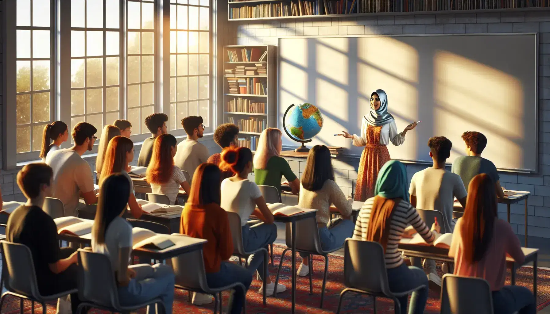 Diverse students engage in a Spanish lesson with a Middle-Eastern teacher by a whiteboard in a sunlit, book-lined classroom.