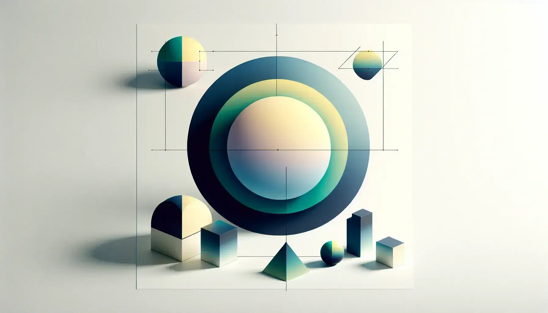 Symmetrical arrangement of geometric shapes with a gradient blue circle, light green square, yellow equilateral triangle, pink right triangle, orange hexagon, and violet pentagon on white.