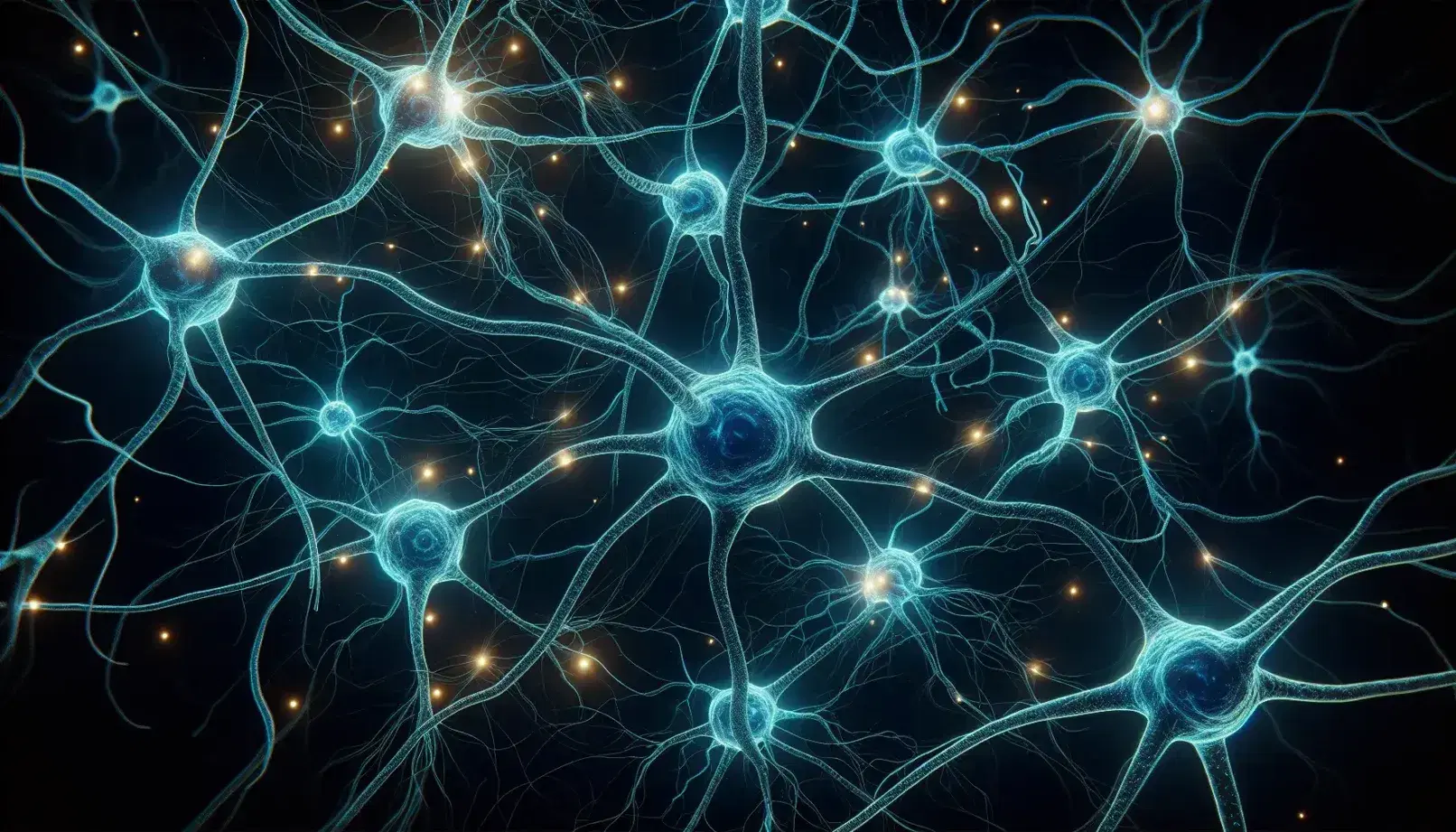 Red de neuronas interconectadas con dendritas y axones en tonos azules y puntos de actividad amarillos sobre fondo oscuro, destacando la complejidad del sistema nervioso.