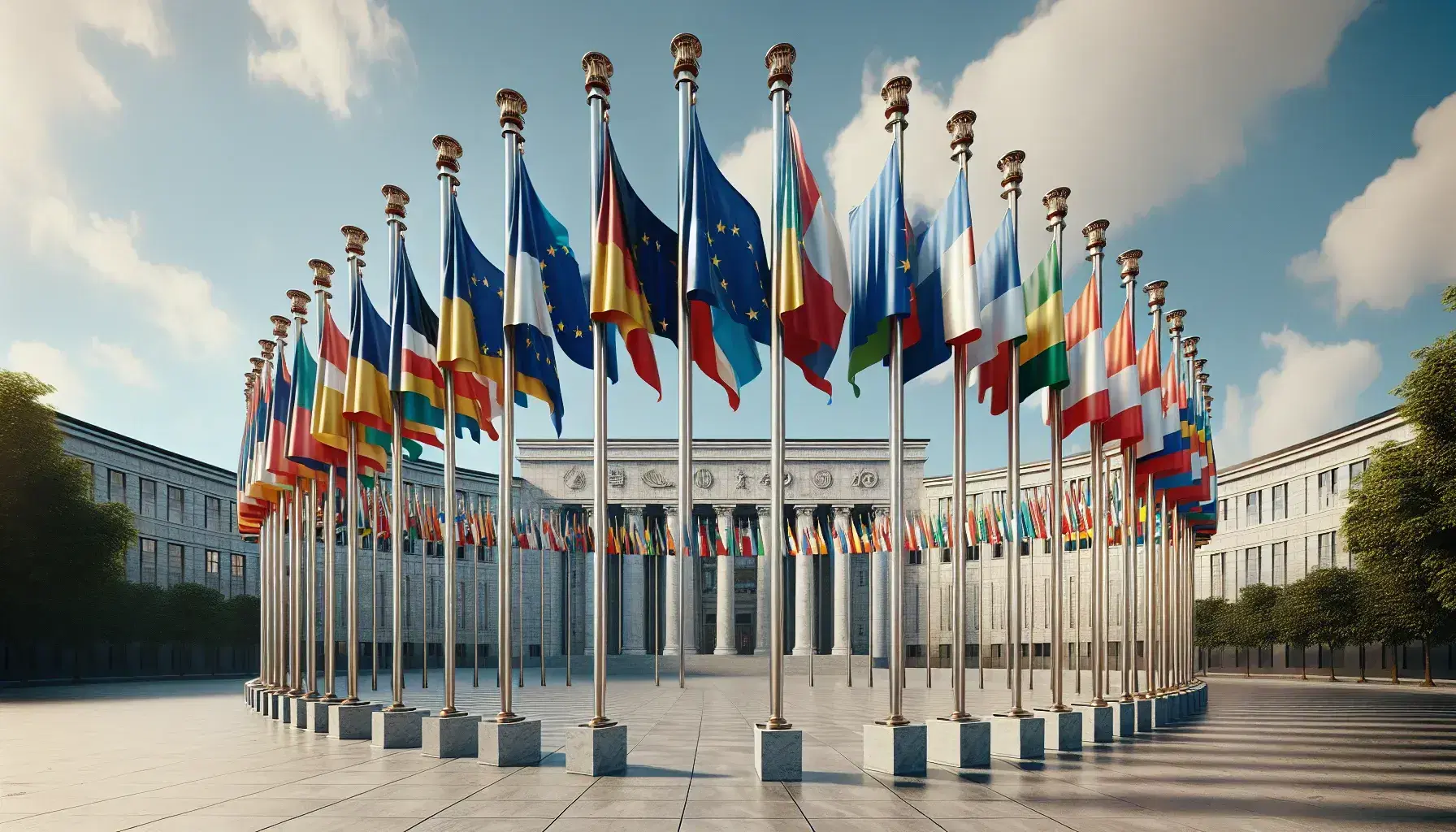 Bandiere degli Stati membri dell'Unione Europea in semicerchio davanti a edificio neoclassico con statua della giustizia in primo piano.