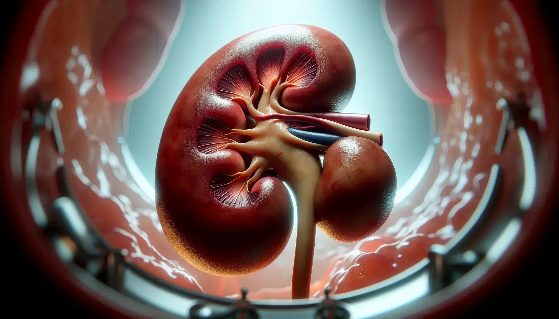 Riñón humano realista en contexto quirúrgico con tejido adiposo amarillo claro y ureter visible, destacando su textura lisa y coloración rojo oscuro a marrón.