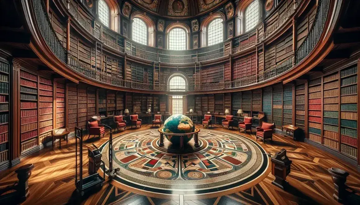 Biblioteca circolare con scaffali in legno scuro pieni di libri colorati, globo centrale, sedie con cuscini rossi e scala mobile.