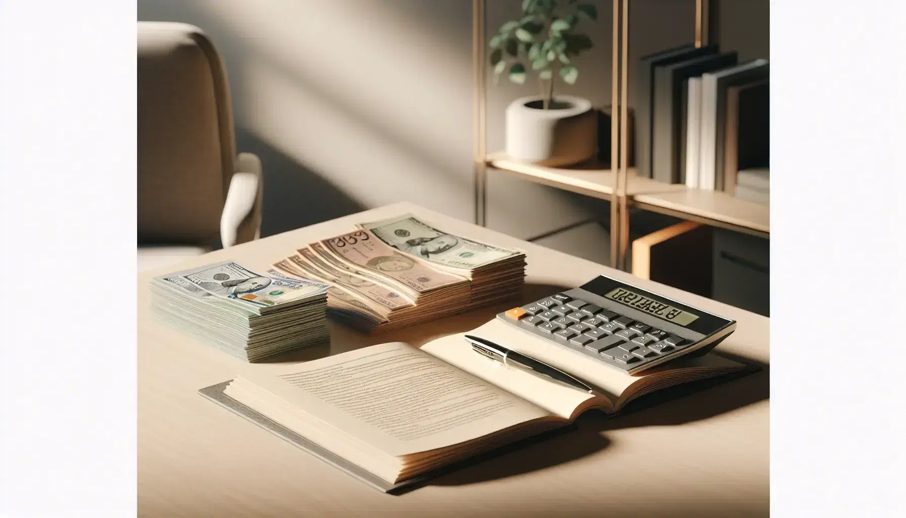 Escritorio de madera claro con calculadora apagada, fajos de billetes variados, libro abierto con bolígrafo y silla de oficina gris detrás, ambiente de trabajo ordenado.