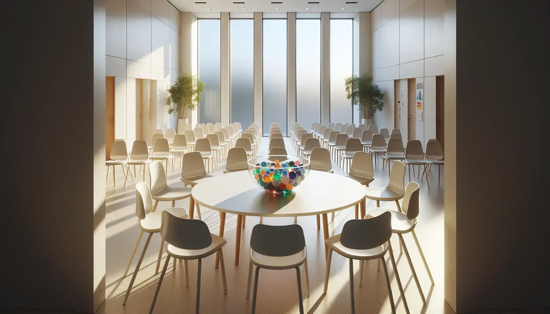 Modern and bright classroom with white chairs arranged in a semicircle, table with bowl of colored marbles and green plant, without people.