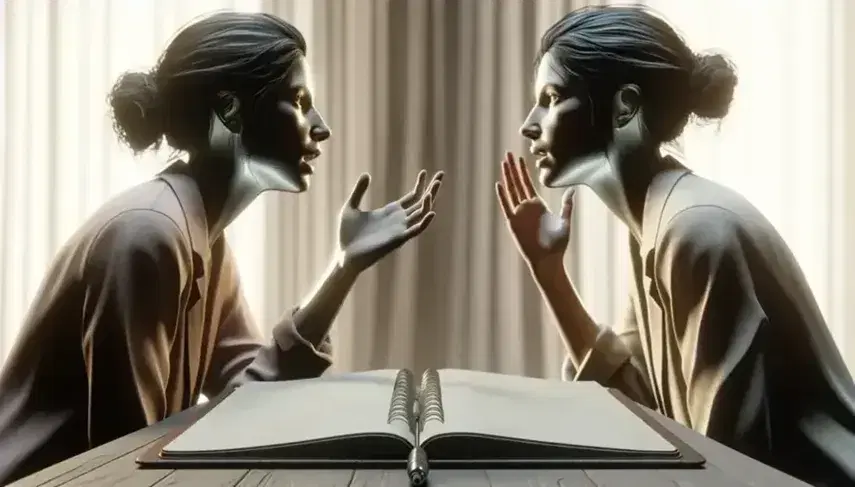 Primer plano de dos personas en conversación, una hablando con gestos y la otra escuchando atentamente, con un cuaderno y bolígrafo sobre mesa de madera.