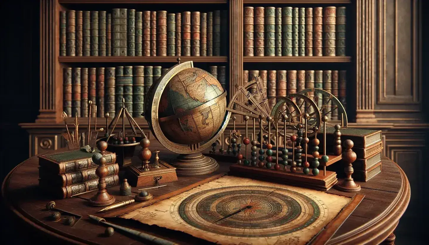 Renaissance study with wooden desk, ancient scientific instruments, bound books, earth globe and figure in red dress observing an armillary sphere.