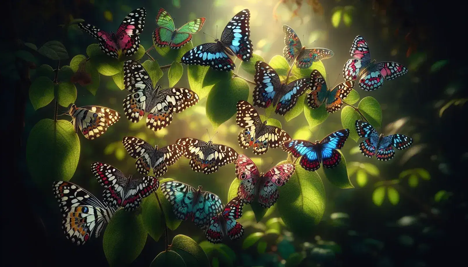 Mariposas con alas desplegadas mostrando patrones coloridos y simétricos descansan sobre hojas verdes en un entorno natural iluminado por luz solar.