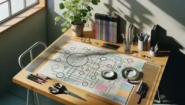 Mesa de estudio de madera con papel para mapas conceptuales, marcadores de colores, tijeras, cinta adhesiva, notas adhesivas pastel, lápiz mecánico y regla transparente, en un ambiente iluminado naturalmente.
