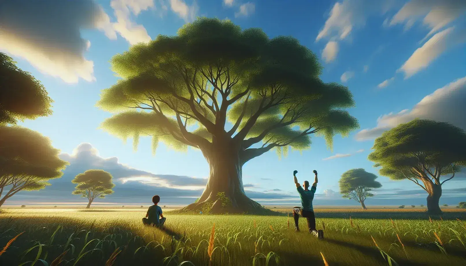 Árbol robusto con tronco grueso y copa frondosa en pradera verde, cielo azul con nubes, adulto con brazos alzados y niño sentado en actitud contemplativa.
