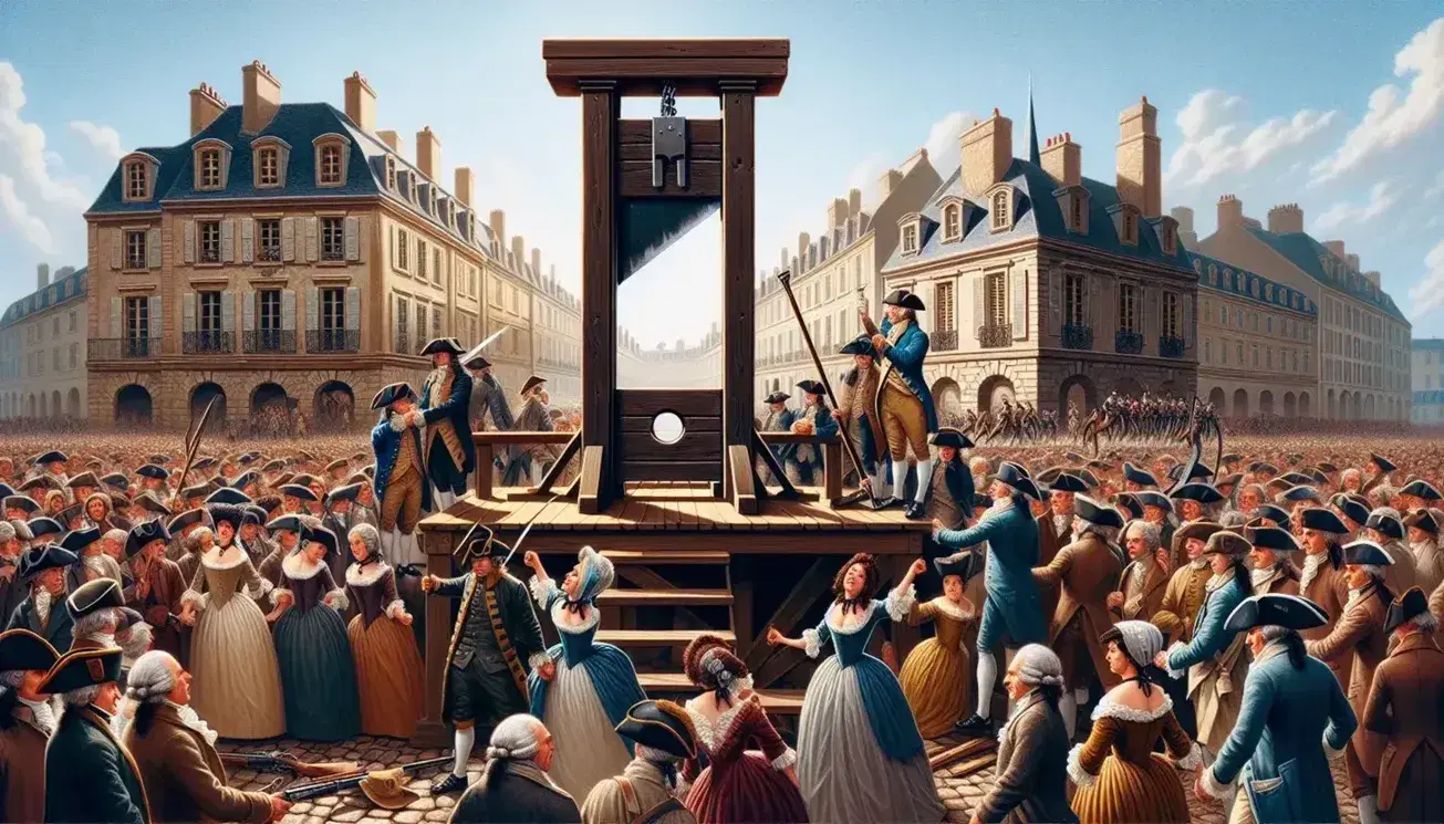 Scena della Rivoluzione Francese con ghigliottina in legno scuro, folla in abiti d'epoca e soldati in uniforme su sfondo di edifici storici.