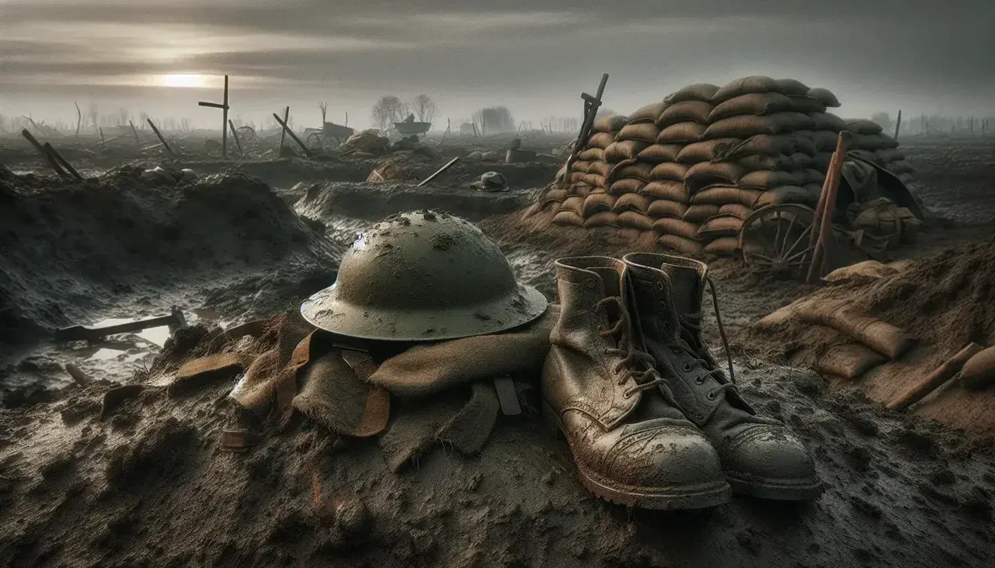 Casco militar de la Primera Guerra Mundial y botas de cuero en un campo de batalla desolado con trincheras y cielo nublado.