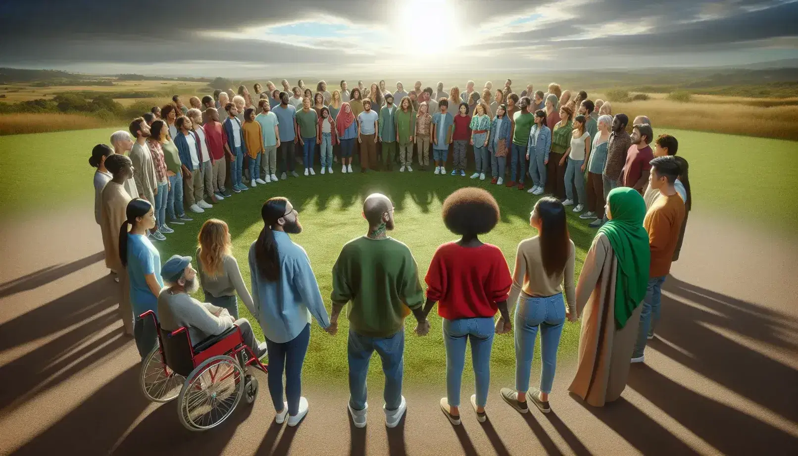 Diverse group of five people in a circle in front of crowd outside, in outdoor setting with clear sky and lawn, diversity and inclusion.