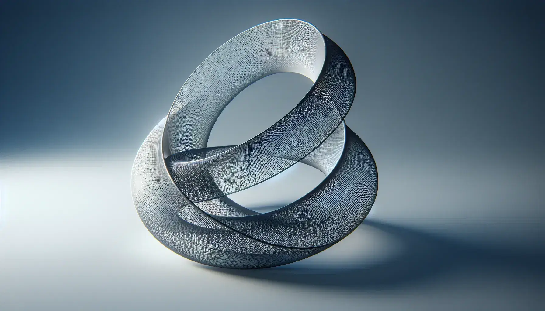 3D wireframe Möbius strip model with a metallic finish against a light blue to white gradient background, highlighting its unique one-sided surface.