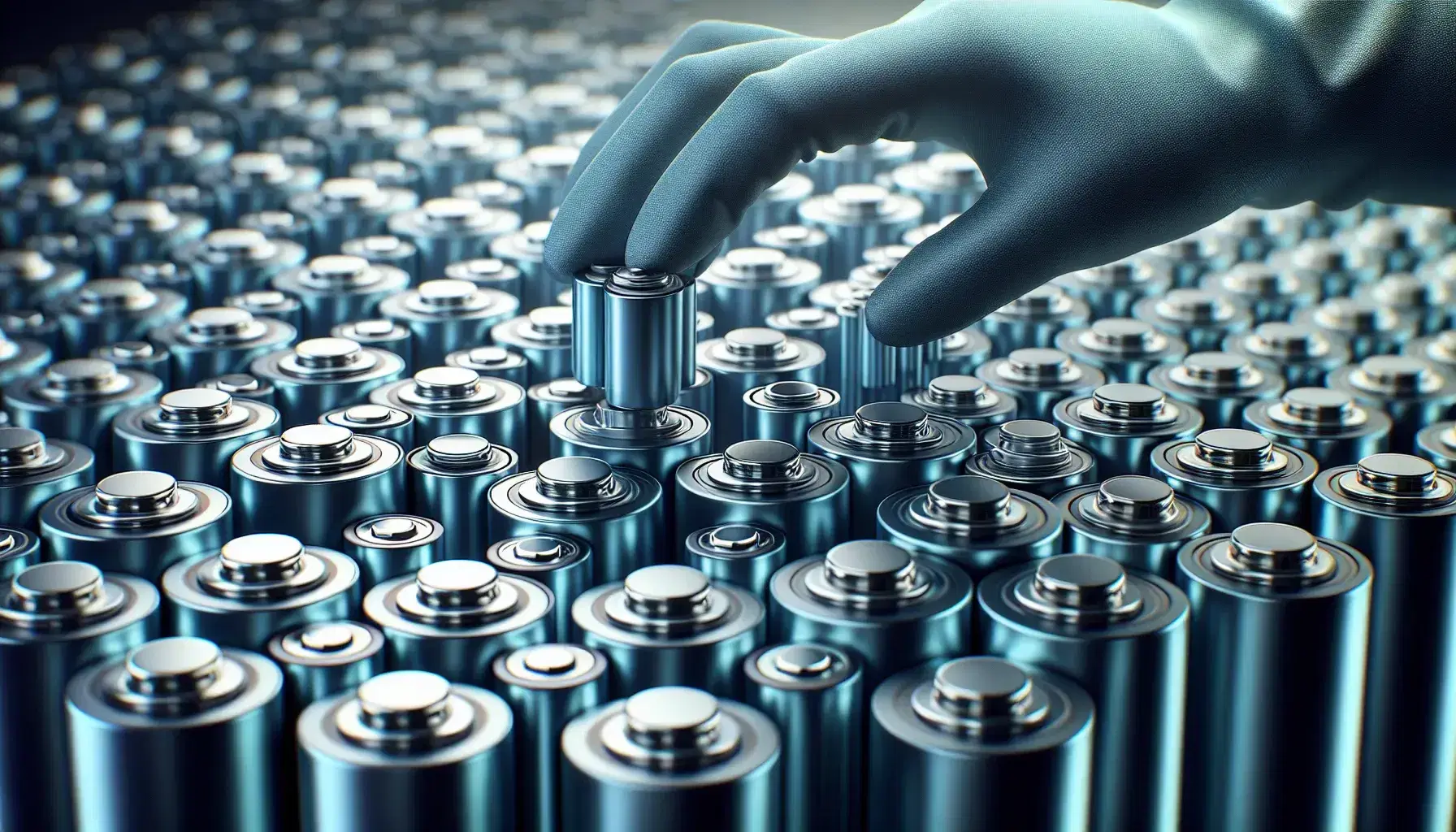 High-capacity lithium-ion battery cells in a grid pattern with hands in protective gloves handling them, reflecting a clean, technological environment.