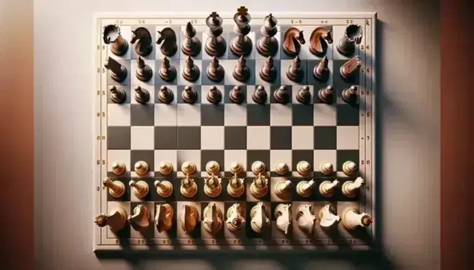 Scacchiera iniziale con pezzi in posizione pronta per il gioco, re e regina al centro, pedoni davanti, sfondo sfocato.