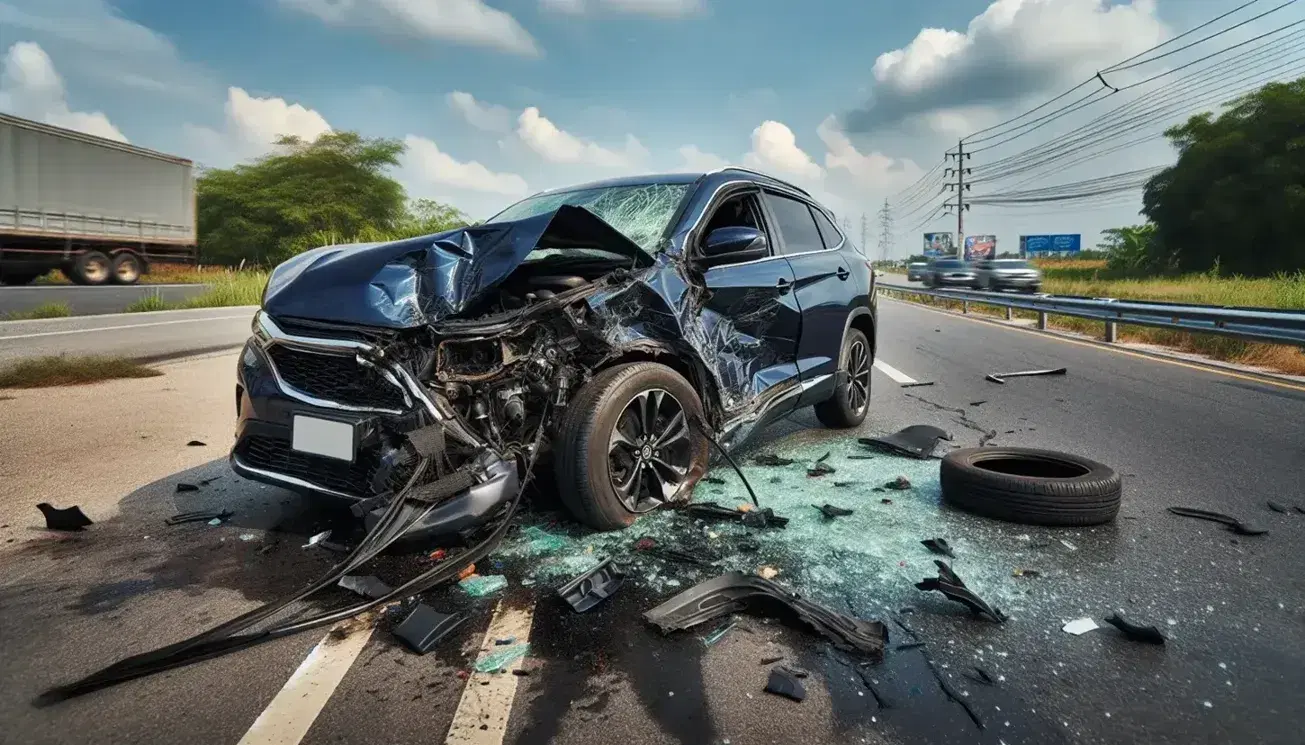 Coche azul oscuro con daños frontales tras accidente, parado en carretera con marcas de neumáticos y barrera metálica doblada al lado.