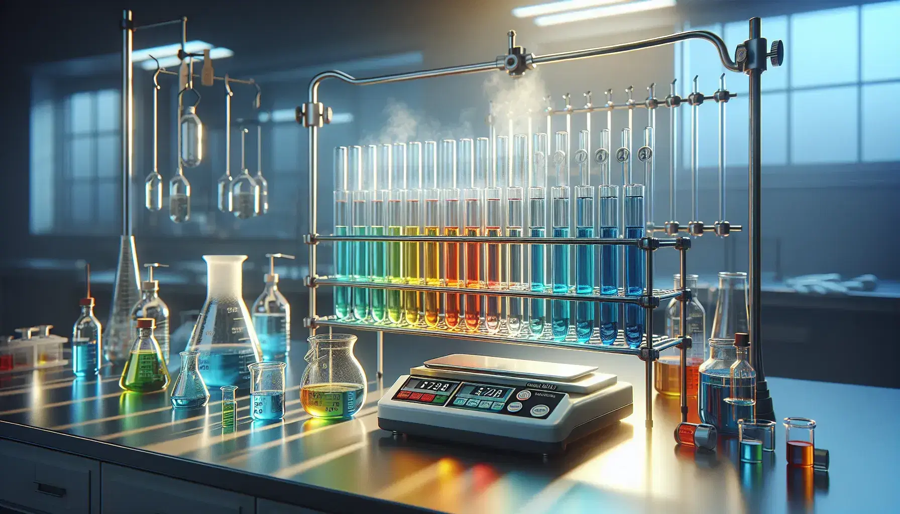 Laboratorio scientifico con provette contenenti liquidi colorati su supporto metallico, bilancia analitica e becher con liquido fumante.