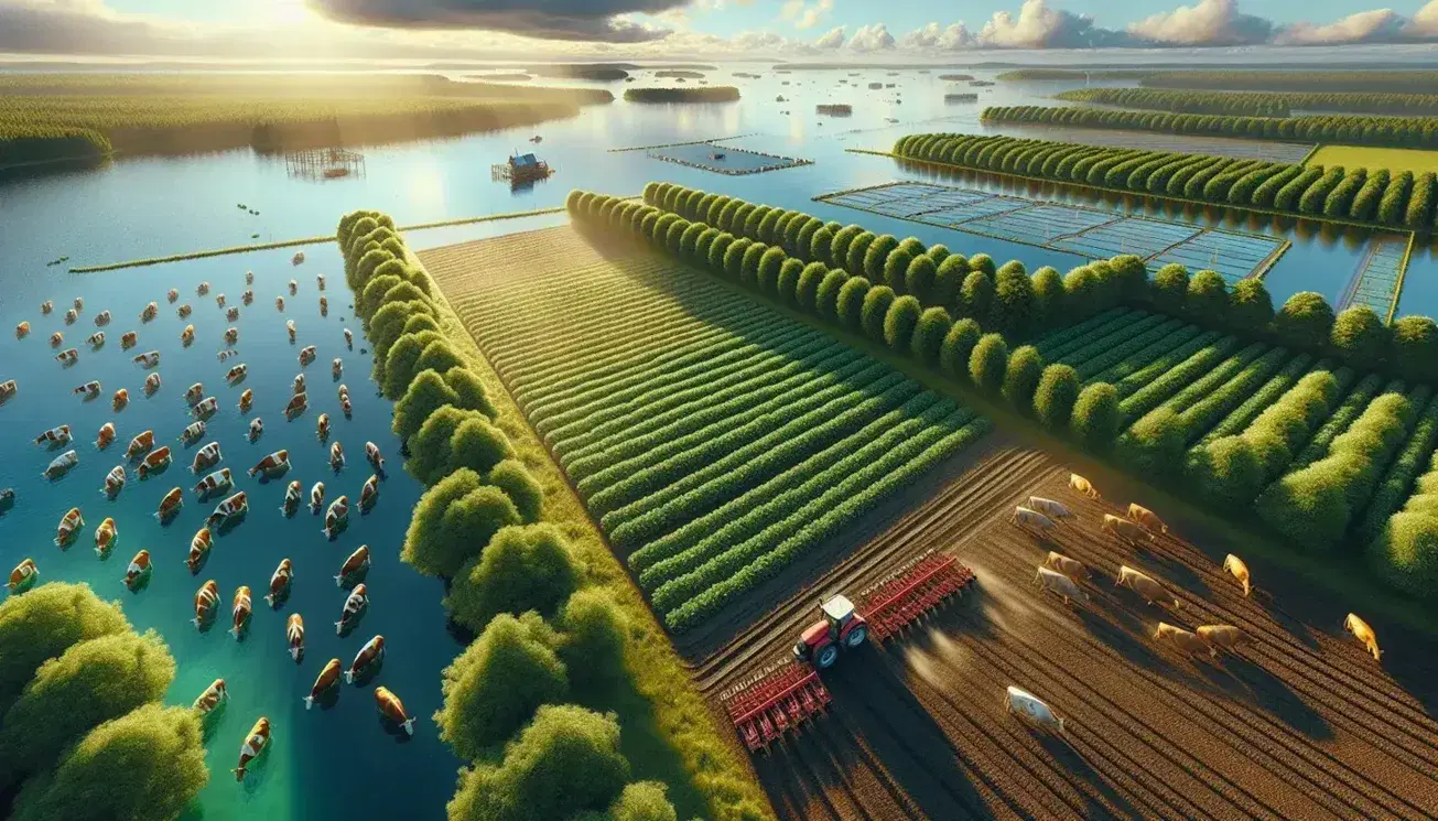 Paisaje rural panorámico con tractor rojo arando campo, vacas pastando, árboles frondosos y lago con bote y jaulas de acuicultura bajo cielo azul.