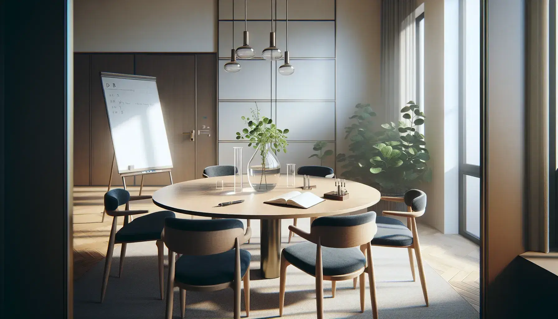 Round light wooden table with five blue chairs, glass beakers, green plant, spiral notebook and pen in a bright room with white board.