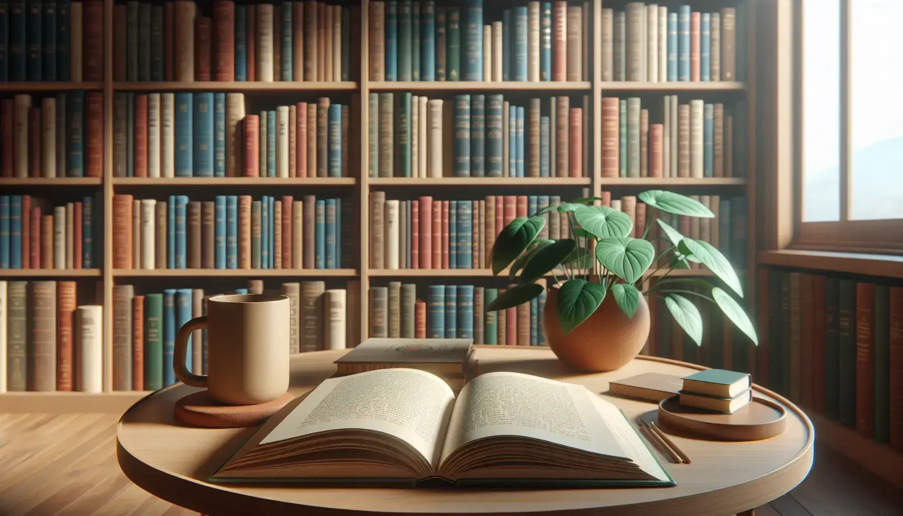 Mesa de madera con libro abierto sin texto visible, taza de café y planta, estantes con libros desenfocados al fondo en ambiente de biblioteca tranquilo.