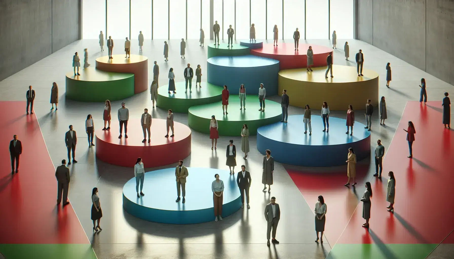 Gruppo di persone su piattaforme colorate a forma di grafico a barre 3D che simboleggiano segmentazione o classificazione in ambiente neutro.