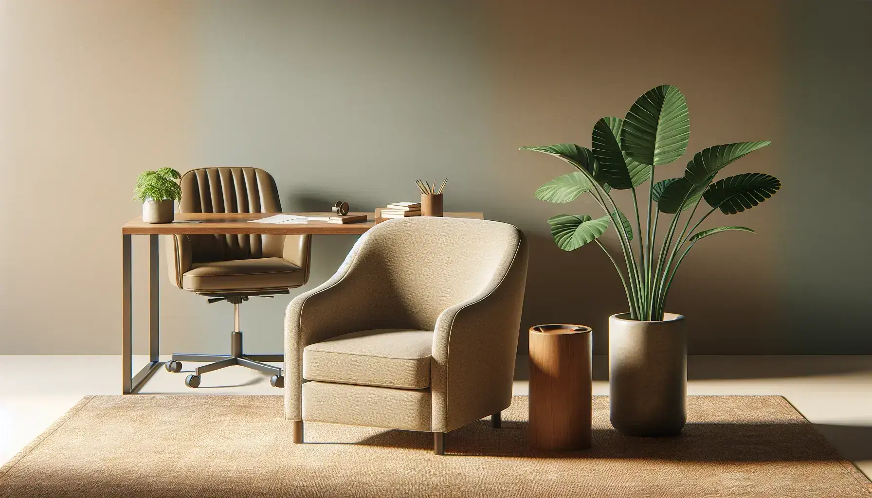 Peaceful therapy environment with beige armchair, wooden coffee table with green plant and desk with blue office chair on pastel background.
