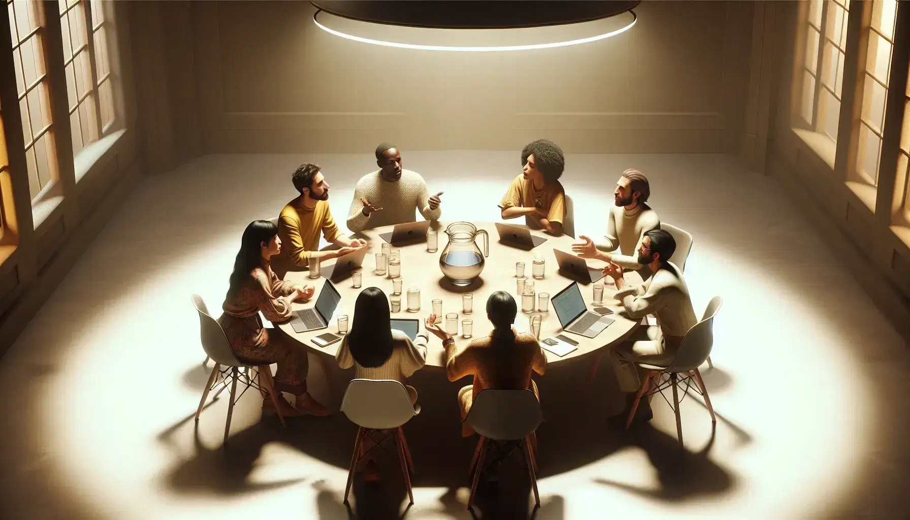 Diverse group of five people engaged in discussion around a circular table with laptops and notepads, in a well-lit room with a central glass pitcher.